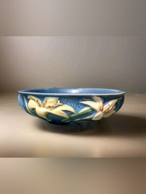 Vintage Roseville Pottery Blue Zephyr Lily 1946 Low Bowl 472-6